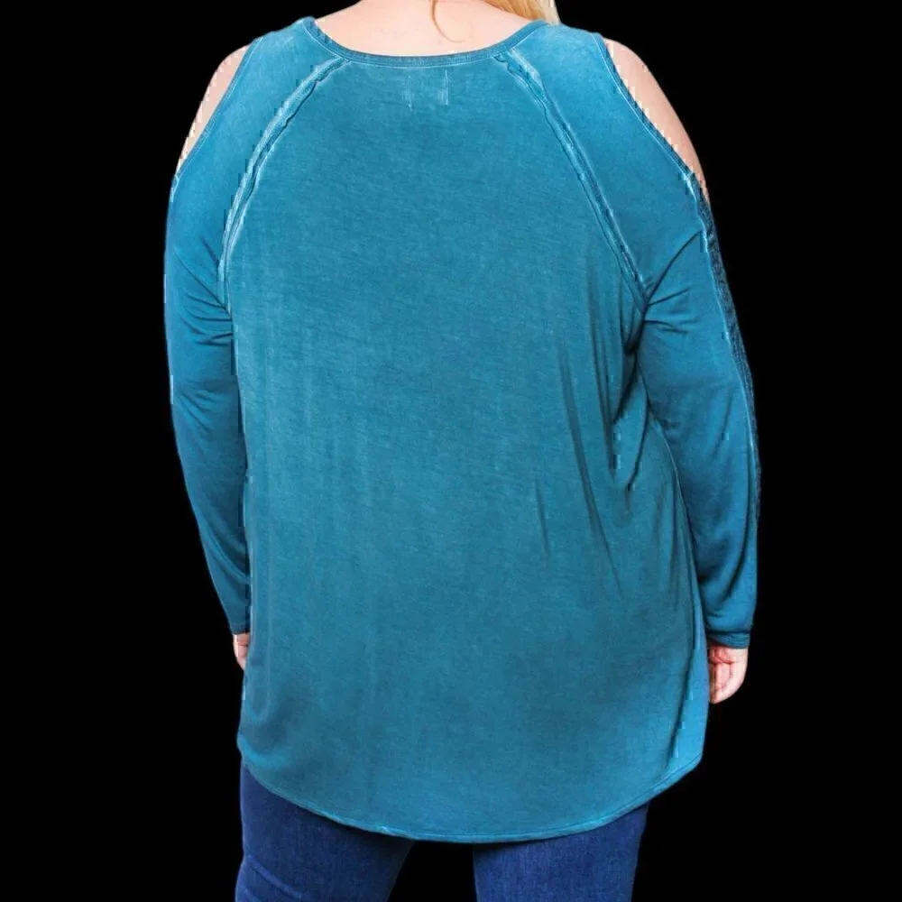 NWT - Plus Long Sleeve Teal Cold Shoulder Crochet Round Neck Solid Top - Size 1X - Picture 5 of 5